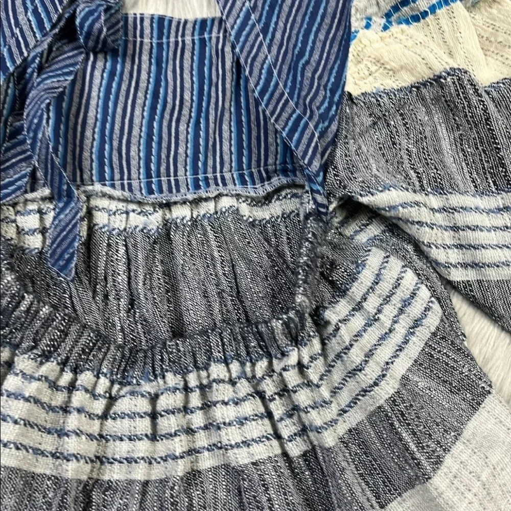 Free People All Lined Up Blue Multi Striped Puff Sleeve Mini Dress XS